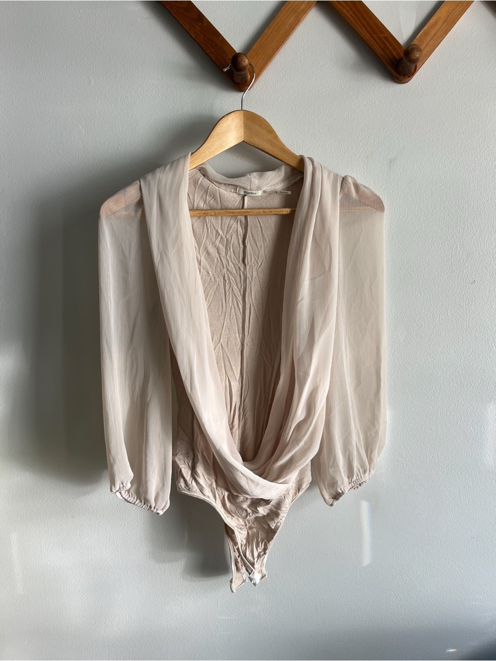 Poetry Sheer Draped Bodysuit in Pale Beige